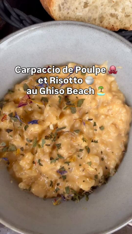 Carpaccio de Poulpe 🐙 et Risotto 🍚 au Ghiso Beach 🏝️ à Ghisonaccia en Corse (Corsica).
